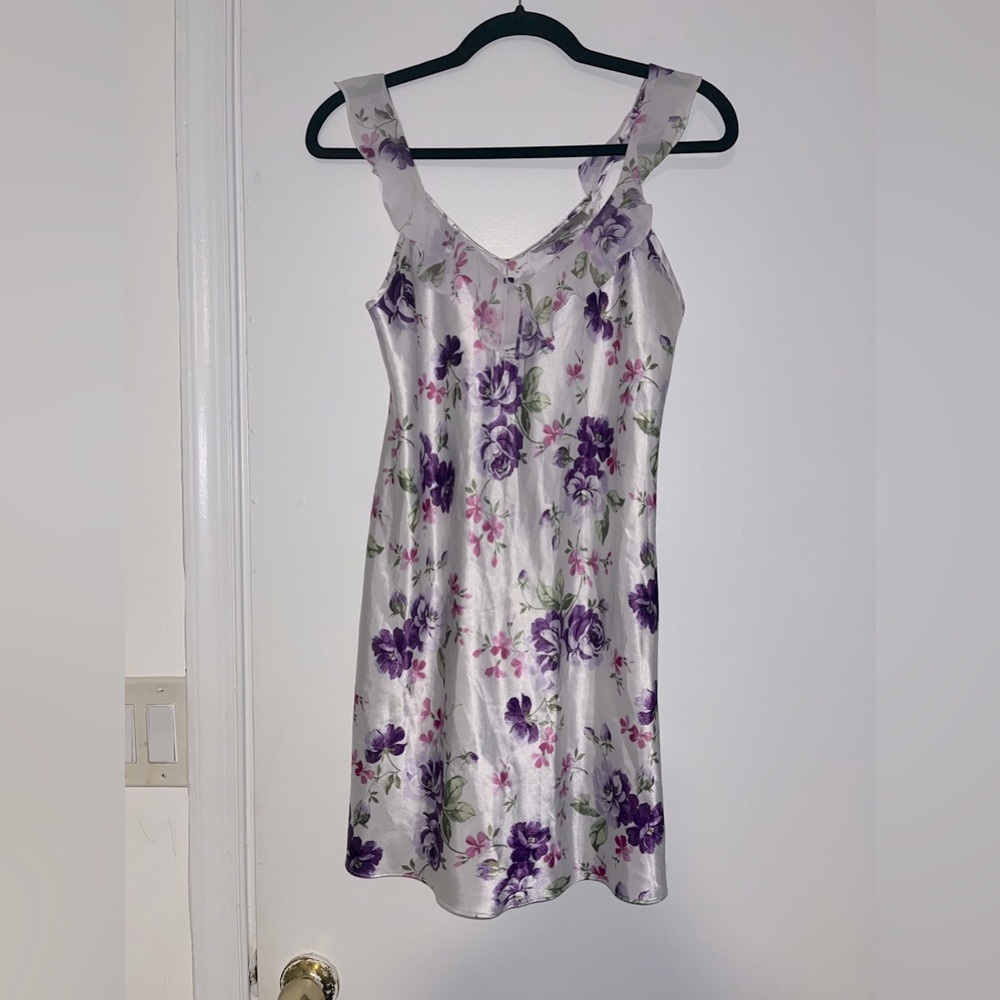 Vintage Floral Satin Nightgown | Size S | Ruffle Strap Sleeveless Slip Dress